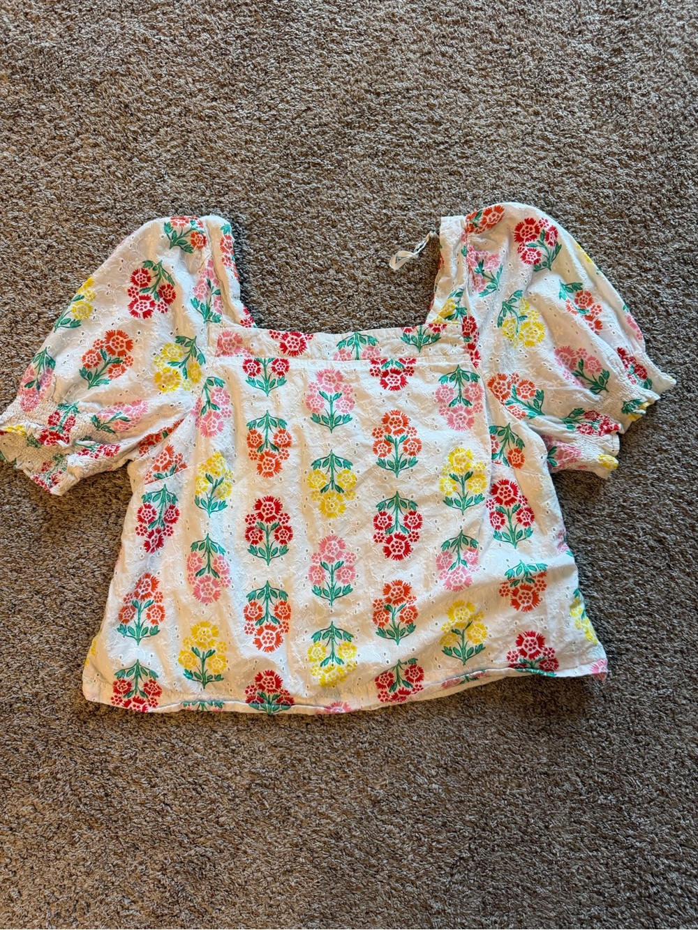 Draper James White Eyelet Floral Puff-Sleeve Top with Red Yellow Pink & Green